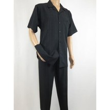 Men 2pc Walking Leisure Suit Short Sleeves DREAMS Plaid Satin 253-00 Black image 2