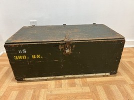 Vintage Military FOOT LOCKER Wood Trunk chest flat top storage green box army US - $79.99