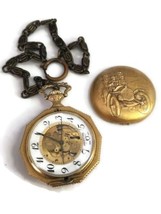 Vtg Majestime 17 Jewels Skeletonized Swiss Pocket Watch W/ Chain Needs Repair - £71.35 GBP