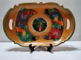 Vintage Mexican Batea Folk Art Wooden Serving Tray Brown Floral Handles 13.5&#39;&#39; - £18.26 GBP