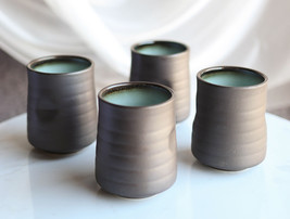 Pack Of 6 Ceramic Zen Blue Style Yunomi Notched Teacup Tea Cups Without Handles - £20.43 GBP