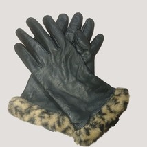 Winter Gloves Faux Fur Leather Medium Leopard Print Animal Black Trim in... - $9.50