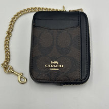 Coach Signature Women&#39;s Purse Zip Card Case C0058 Brown Black Wallet Leather - £55.41 GBP