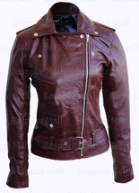 New Woman&#39;s Maroon Brando Army Style Belted Sheep Skin Biker Leather Jac... - $167.39+
