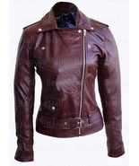 New Woman&#39;s Maroon Brando Army Style Belted Sheep Skin Biker Leather Jac... - $179.99+