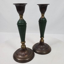 Vintage Taper Candlesticks Metalware Metal Green Brown 8 Inch Tall - £21.07 GBP