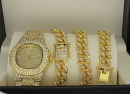 3pc Set Gold Plated Miami Cuban Link Cubic Zirconia Chain Bracelet Watch Combo - £29.43 GBP