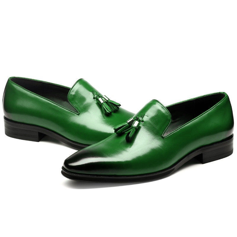 New Green Tassel Loafer Slip On Plain Burnished Toe Genuine Leather Shoes Handma
