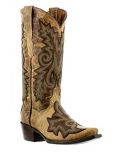 Womens Sand Distressed Leather Cowboy Boots Embroidered Overlay Western Snip Toe - £90.41 GBP