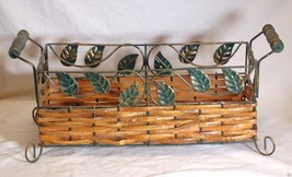 Metal Wicker Bread Basket Napkin Holder Wooden Handles Leaf Designs Deco... - $16.82