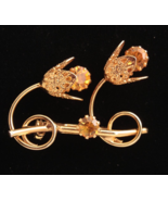 Dainty Pin Brooch Yellow Rhinestones and Golden Metal Floral Design - $8.59