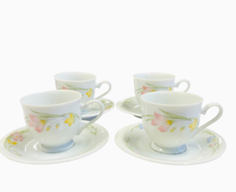 French Garden Japan 4 Sets Coffee Tea Cup Saucer Floral Footed Vintage Lot 2 - £25.28 GBP