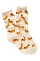Oatmeal Women’s Crew Socks with Fuzzy Red Dachshunds - £8.40 GBP