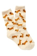 Oatmeal Women’s Crew Socks with Fuzzy Red Dachshunds - £8.60 GBP