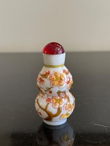 Chinese White Peking Glass Double-Gourd Snuff Bottle with Overlay Flowers Decor - $125.00