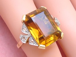 Vintage 11ct Emerald Cut Golden Citrine .14ctw Diamond Cocktail Ring 1940 sz4.75 - £1,162.51 GBP