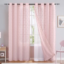 84 Inch Jinchan Pink Sheer Curtains For Living Room Grommet Embroidered With Pom - £35.28 GBP