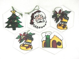 Stained Glass Christmas Ornaments 4&quot; Lot of 5 Tree House Santa Bell with Box - £10.65 GBP