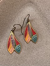 Estate Red Blue Purple &amp; Orange Enamel Abstract Feather Goldtone Dangle Earrings - £9.02 GBP