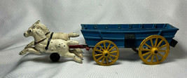 Vtg Cast Iron White Running Horses Drawn Blue Wagon Cart Yellow Tires Ma... - £79.71 GBP