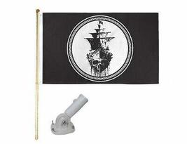 5&#39; Wooden Flag Pole Kit W/Nylon White Bracket 3x5 Pirate Black Sea Poly Flag - £28.32 GBP
