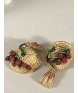 Vintage Western Germany Earrings Clip On Raffia Fruit Strawberry Hat Summer - $19.79