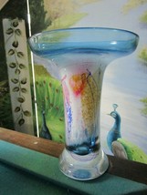 EARL O. JAMES ART GLASS FLUTED VASE YELLOW MULTICOLOR BLUE MOTIF PICK 1 - £234.40 GBP