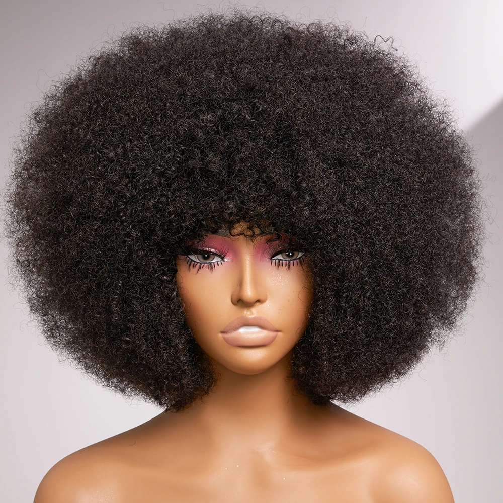Fluffy Afro Kinky Curly Human Hair Wig With Thick Bang 70s Natural Short B - £46.54 GBP+
