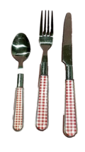 Red Gingham Check Cutlery Set Stainless Knife Fork &amp; Spoon - Lunchbox Pi... - £4.70 GBP