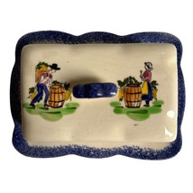 Vintage French Ceramic Butter Dish with Blue Trim Folk Countryside  - $901.52 MXN