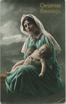 Vtg Postcard 1914 RPPC Tinted Christmas Greetings - Mary w Halo &amp; Baby J... - £7.59 GBP