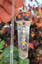 Clear Quartz Necklace 7 Chakra Flat Natural Gemstone Pendant Chain Healing Stone - £13.17 GBP