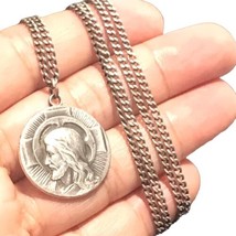 OUTSTANDING VINTAGE STERLING SILVER JESUS CHRIST  MEDAL PENDANT &amp; CHAIN 27” - £67.35 GBP