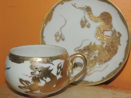 Gold Dragonware Cup &amp; Saucer 4.5&quot; Moriage porcelain Hand Painted Japan c... - $31.56 CAD
