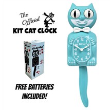 VIBRANT BLUE TURQUOISE KIT CAT CLOCK 15.5&quot; Free Battery USA MADE Kit-Cat... - $69.99
