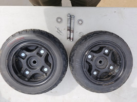 24GG87 PAIR OF WHEELS, NON-PNEUMATIC, 3.00-4, WITH AXLE PINS, 10&quot; X 3&quot; X... - $12.15