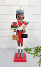 African American Shopper Lady Girl Nutcracker Red Wood Shopping Christmas 14&quot; - £28.81 GBP