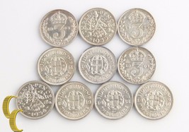 1904-1944 Gran Bretaña Tres Peniques Lote ( Vf-Ms ,10 Monedas) Plata 3 - £198.58 GBP