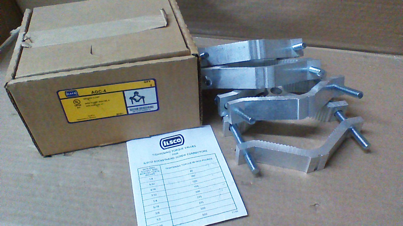 (4) ILSCO AGC-4 GROUND CLAMPS /WIRE SIZE 250KCMIL TO #6 / PIPE SIZE 2 1/... - $36.59