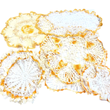 8 Vintage Mid Century Hand Crocheted Doilies Yellow Off White Pinwheel Diff Size - £21.28 GBP