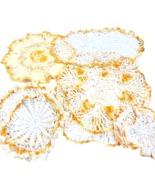 8 Vintage Mid Century Hand Crocheted Doilies Yellow Off White Pinwheel D... - $26.84