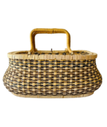 Beautiful Hand Woven 3 Tone Rattan &amp; Bamboo Basket w/ Handle &amp; Lid Needs... - £30.66 GBP