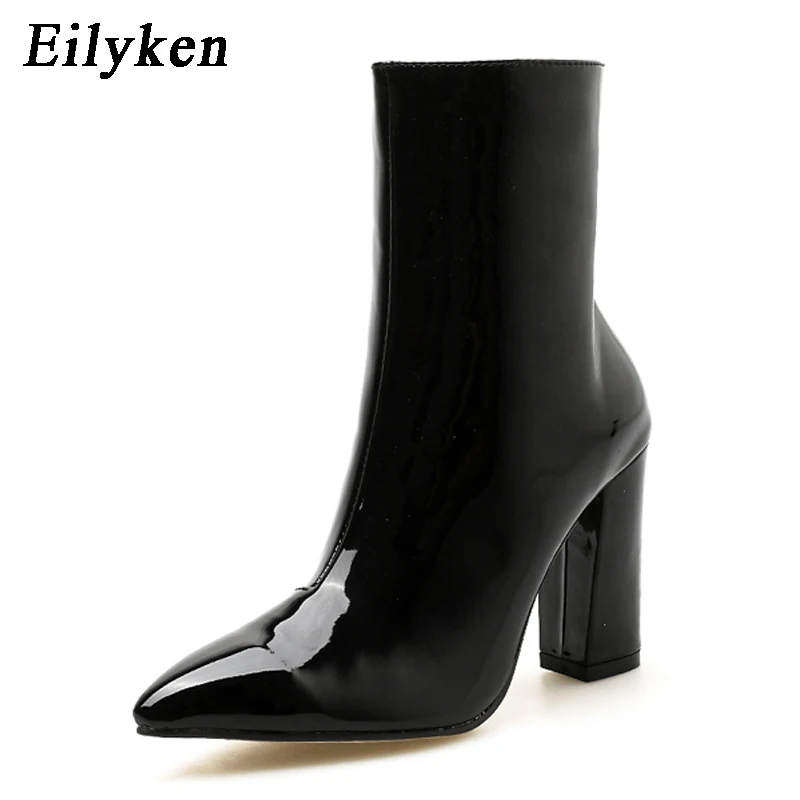 Eilyken 2024 Fashion  Silver Patent Leather Women Ankle Boots Pointed Toe Square - £180.03 GBP