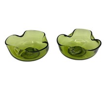 Anchor Hocking 2 MCM Avocado Green Glass Candle Stick Holders Pair 1970s... - $18.66