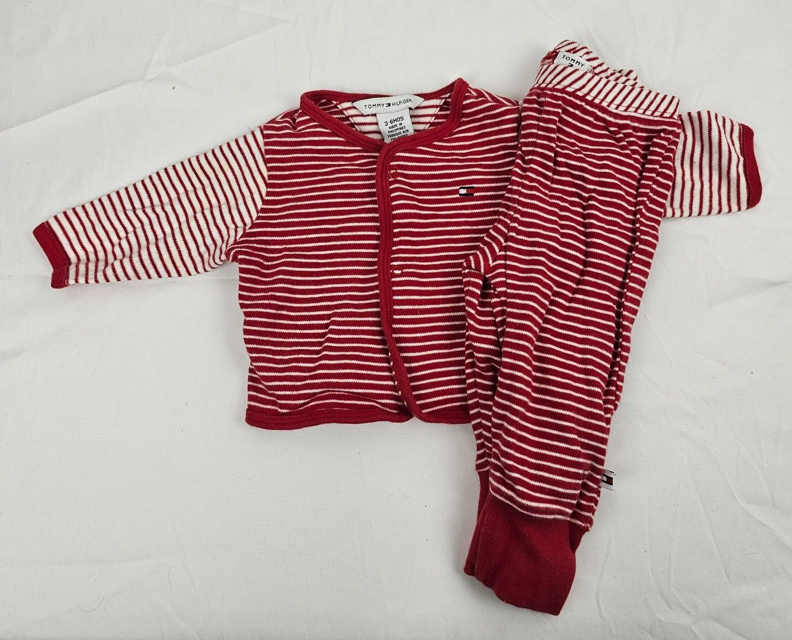 Vintage Tommy Hilfiger Baby Boy Girl Layette Red White Stripe Cardigan Pant Set - $24.74