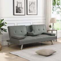 Grey PVC Futon Sofa Bed with Armrests, Cup Holders, Wood Frame, Steel Legs - $143.99