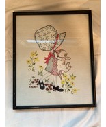Vintage 1970 Holly Hobbie Embroidered Needlepoint Wall Art Framed - £26.15 GBP