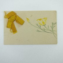 Victorian Calling Card Watercolor Yellow Poppy Flowers Ribbon Bow Antique 1900 - £7.98 GBP