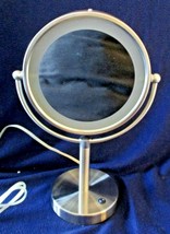 New Brushed Nickel Double-Sided Lighted Vanity Makeup Mirror 3X Magnify ... - $49.50