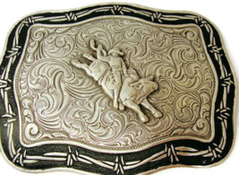 Bull Rider Belt Buckle Crumrine Silver Tone Etched Detail Western Cowboy Rodeo - $133.64